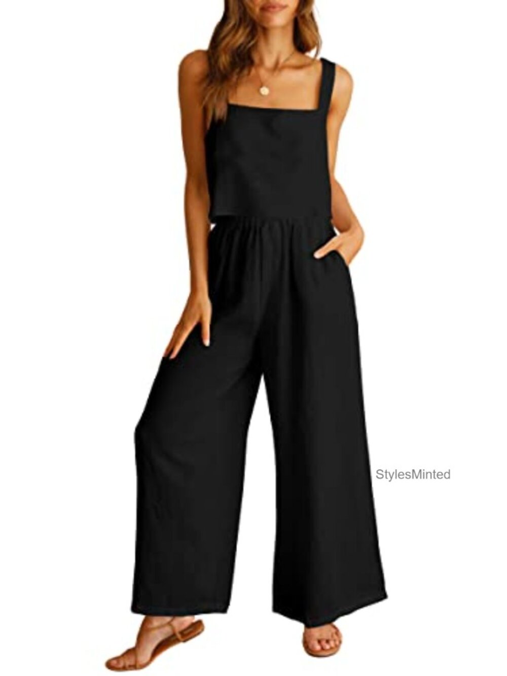 2 Piece Linen Set Sleeveless Crop Tank Top Wide Leg Pants Summer Outfit